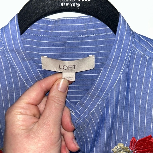 LOFT Blue Striped Embroidered Button Down Blouse with Ruffle Sleeves Medium - Picture 3 of 3